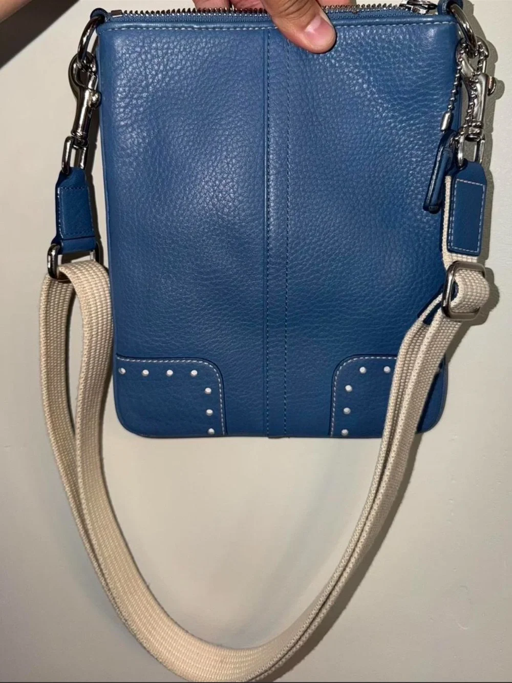Coach Blue Pebbled Leather Crossbody with Stud Accents